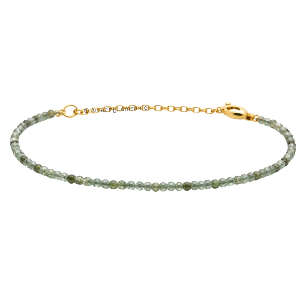 Green Rutilated Quartz Crystal Bracelet - 2mm Faceted Bead (Gold)