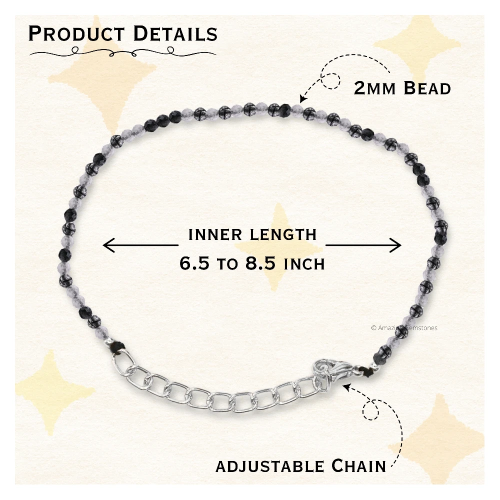 Black Rutilated Quartz Crystal Bracelet - 2mm Faceted Bead (Silver)