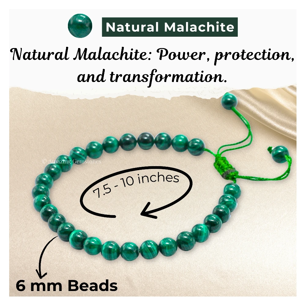 Malachite Healing Crystal Bracelets - 6mm Beads (Adjustable)