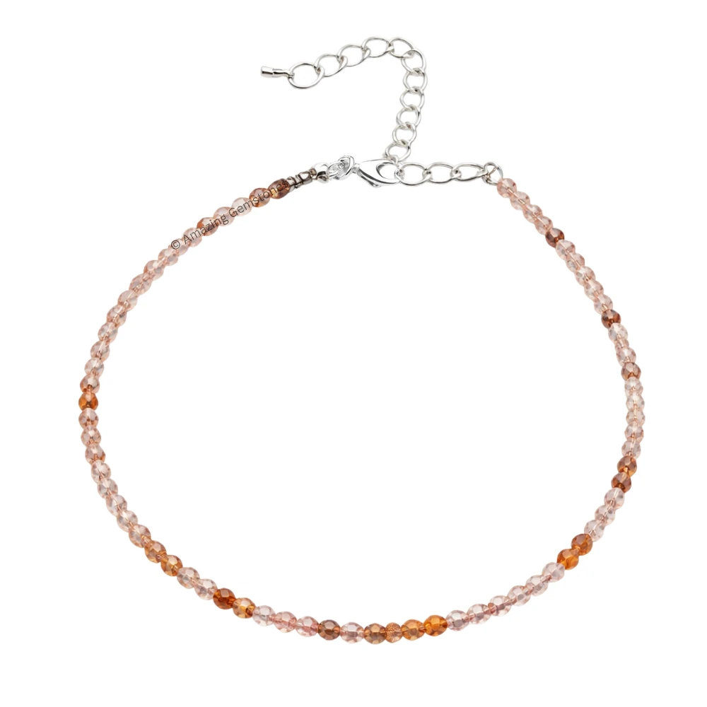 Orange Rutilated Quartz Crystal Anklet - 2mm Faceted Bead (Silver)