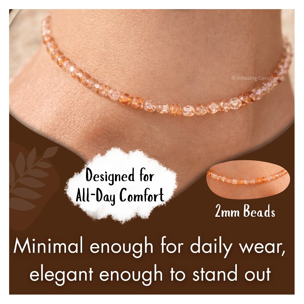 Orange Rutilated Quartz Crystal Anklet - 2mm Faceted Bead (Silver)