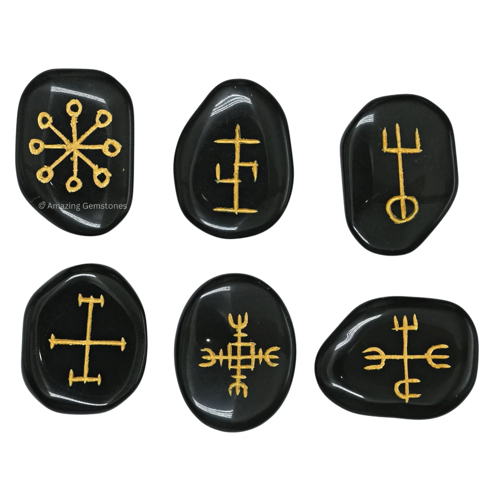 Black Agate Wiccan Nordic Viking Runes Stones (Set of 6)