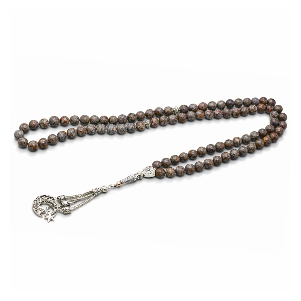 Brown Snowflake Obsidian Crystal Tasbeeh Sibha Prayer Beads (Silver)