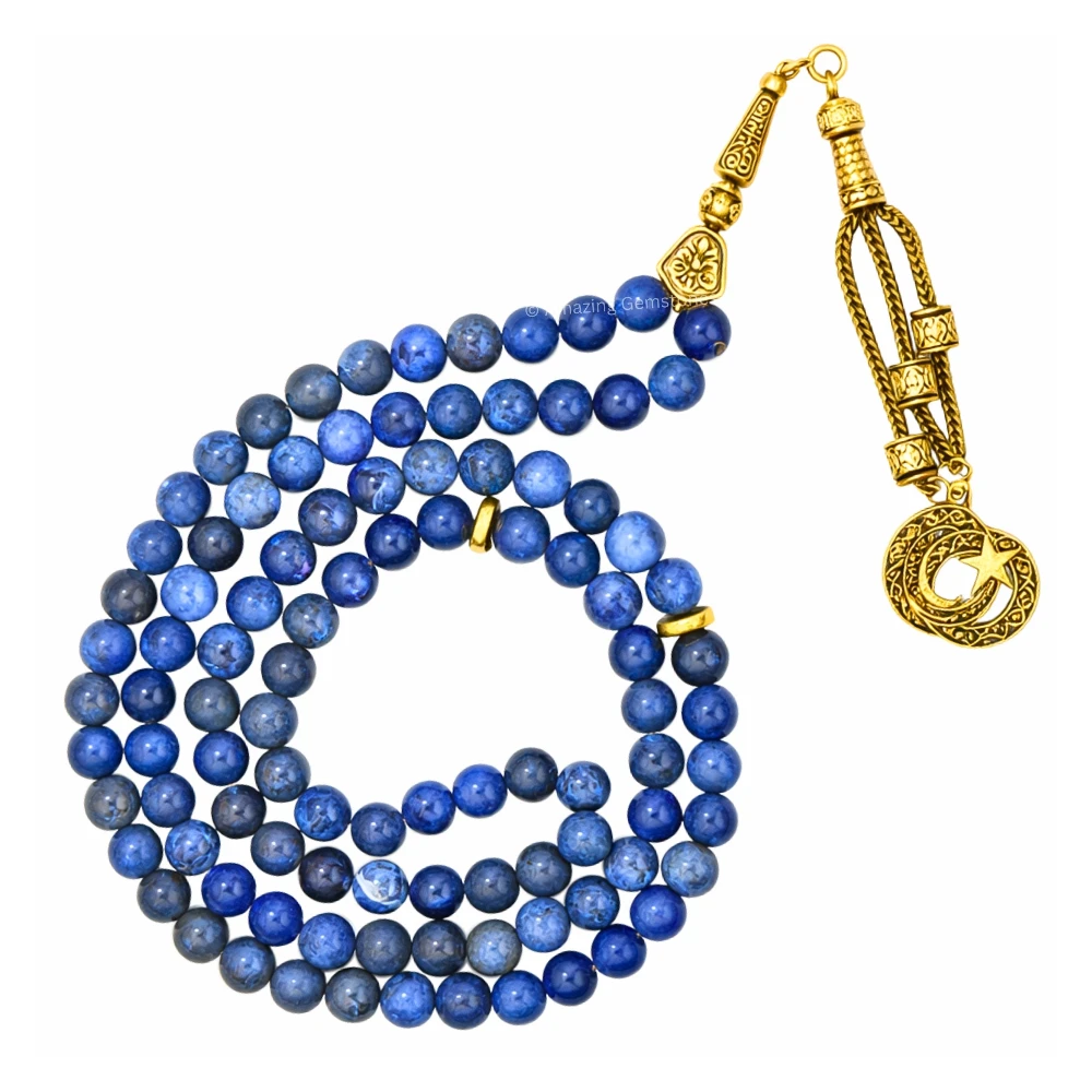 Sodalite Crystal Tasbeeh Sibha Prayer Beads (Gold)