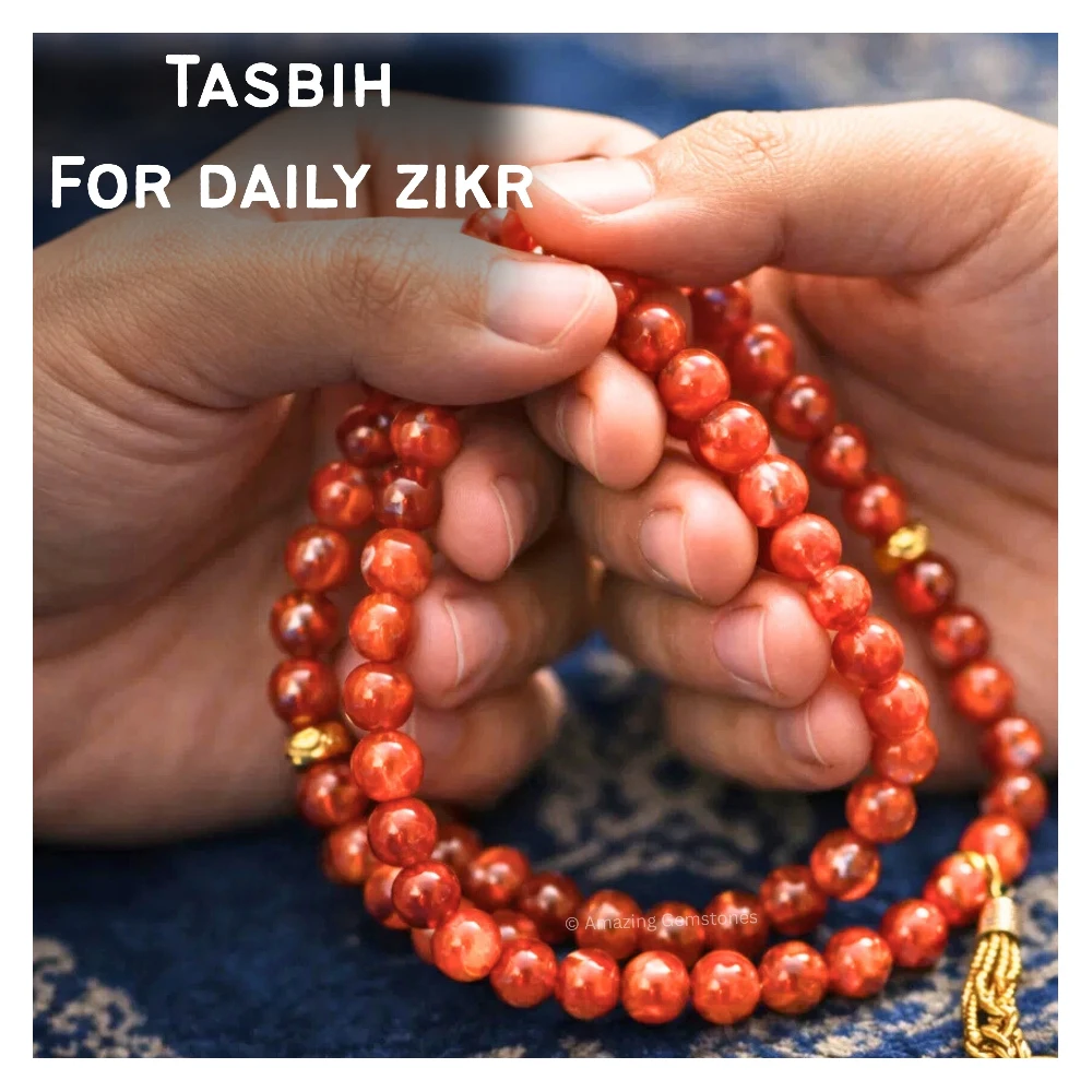 Red Banded Agate Crystal Tasbeeh Sibha Prayer Beads (Gold)