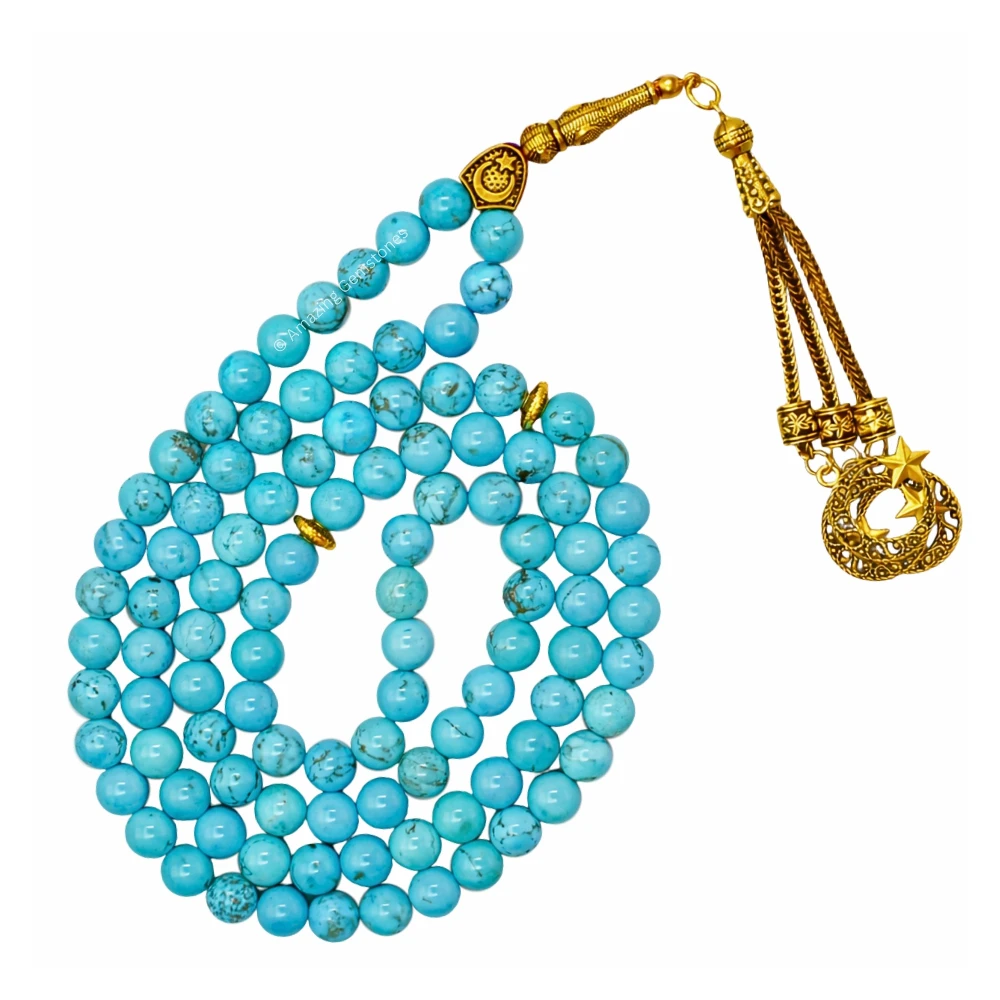 Magnesite Turquoise Crystal Tasbeeh Sibha Prayer Beads (Gold)