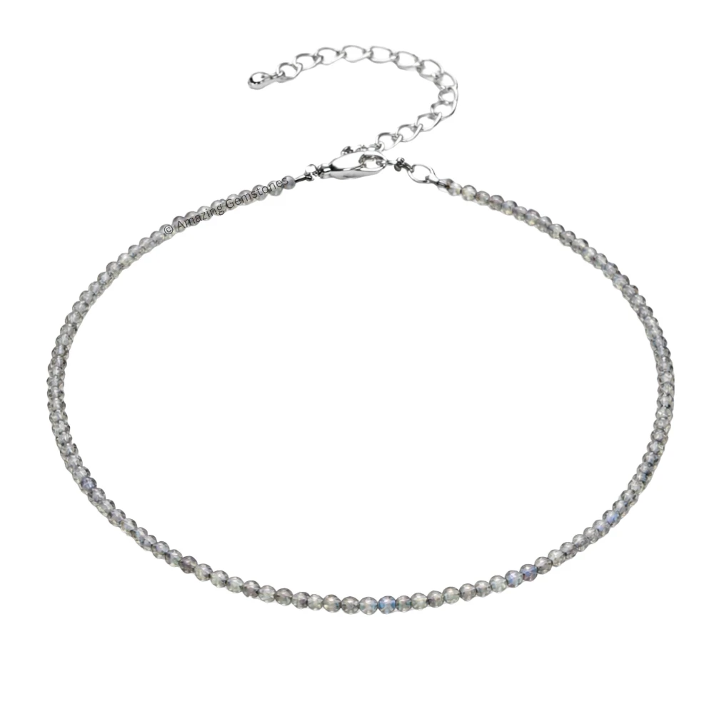 Labradorite Crystal Anklet - 2mm Faceted Bead (Silver)