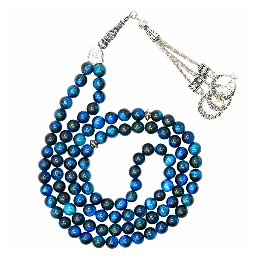 Light Blue Tiger Eye Crystal Tasbeeh Sibha Prayer Beads (Silver)