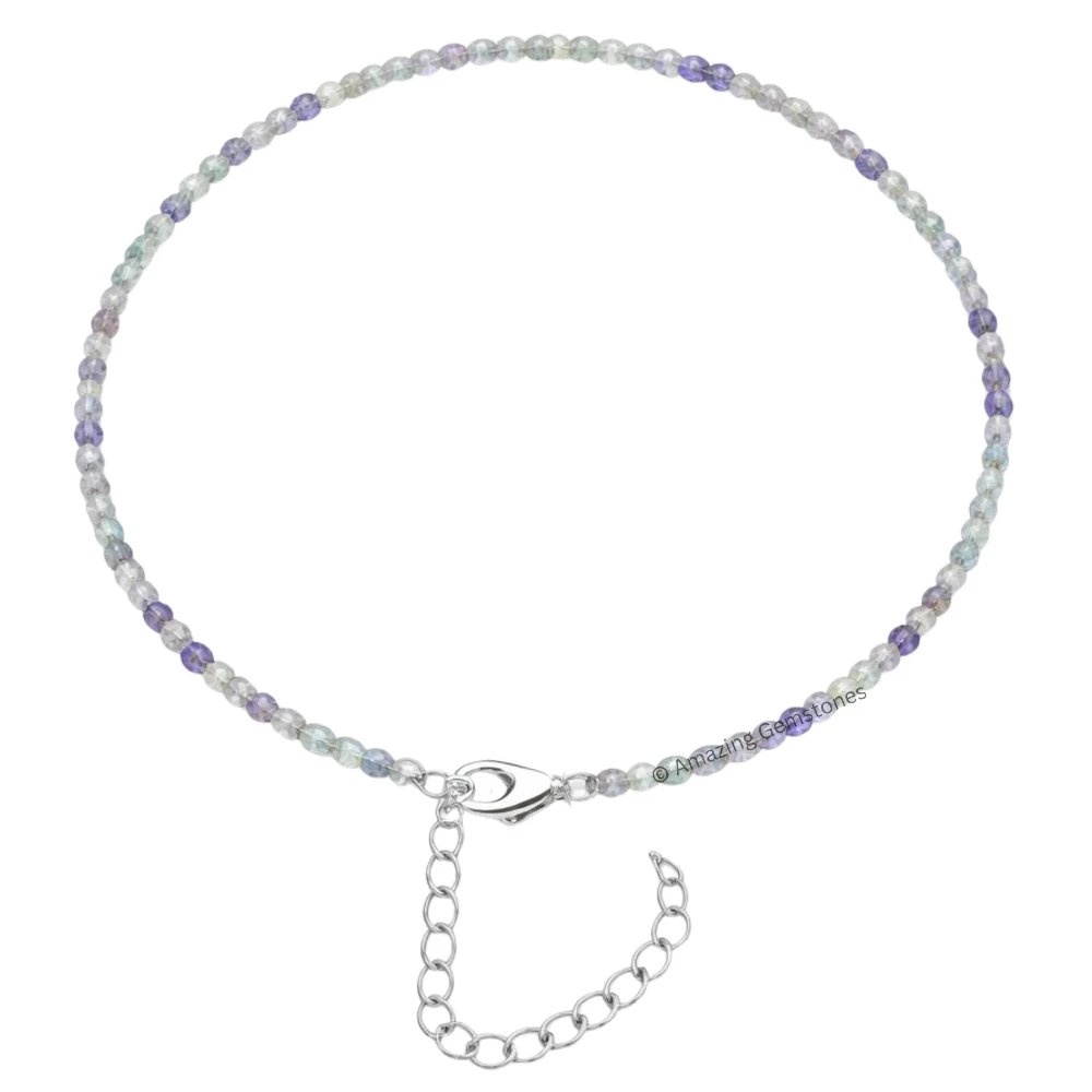 Green Fluorite Crystal Anklet - 2mm Faceted Bead (Silver)