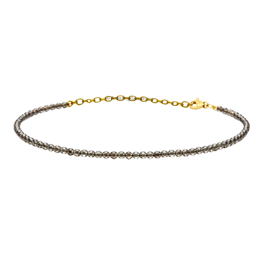 Smoky Quartz Crystal Bracelet - 2mm Faceted Bead (Gold)