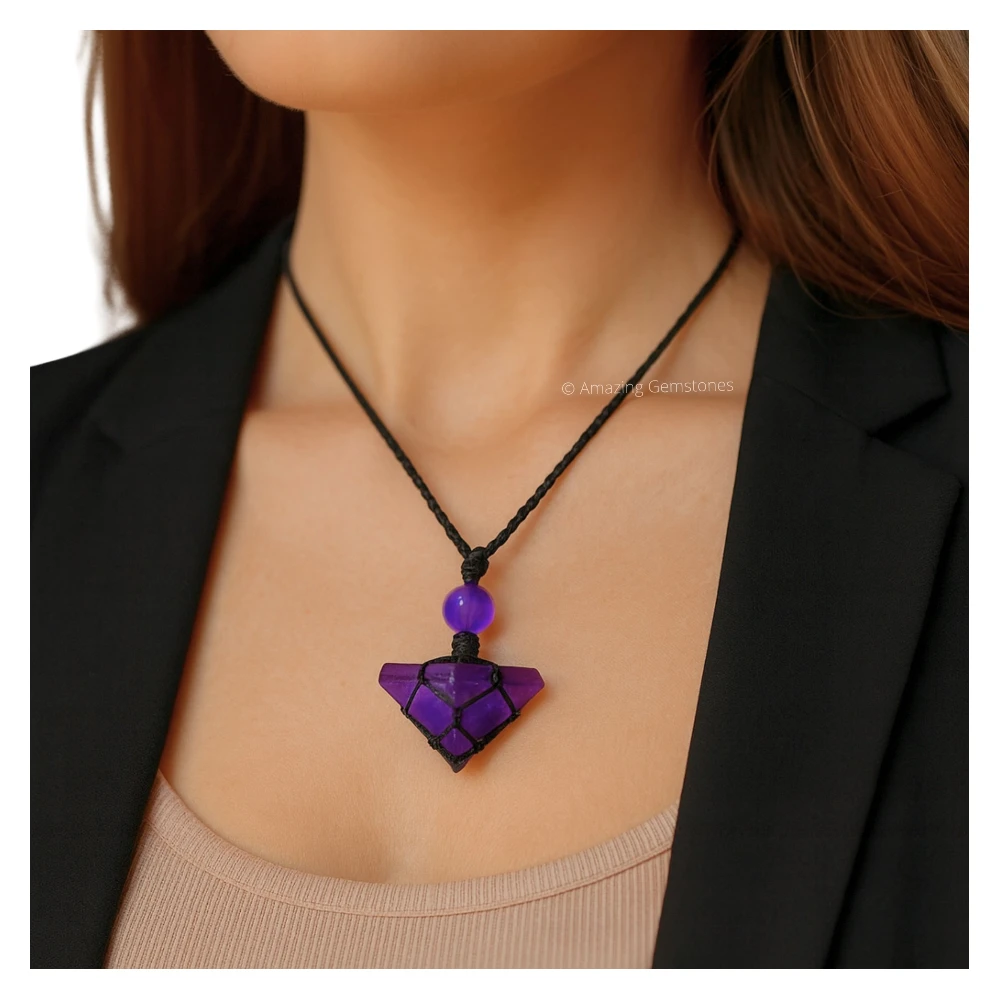 Amethyst Pyramid Pendant Necklace (Macrame)