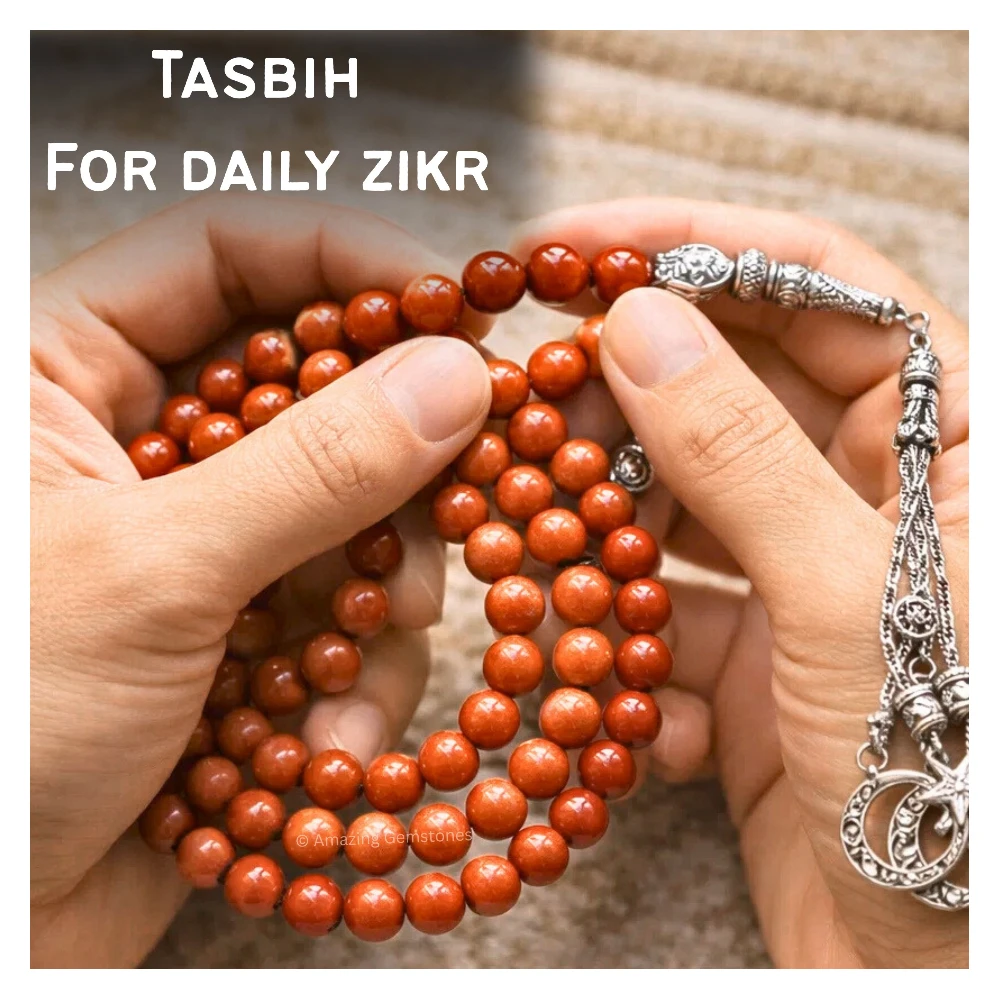 Red Jasper Crystal Tasbeeh Sibha Prayer Beads (Silver)