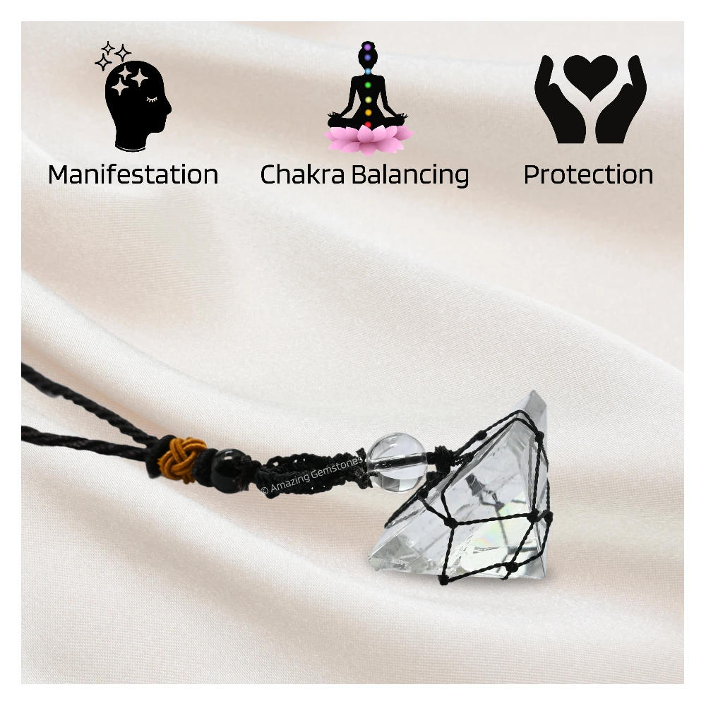 Clear Quartz Pyramid Pendant Necklace (Macrame)