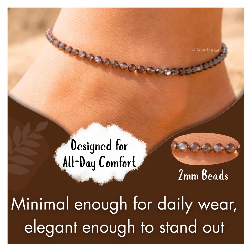 Smoky Quartz Crystal Anklet - 2mm Faceted Bead (Silver)