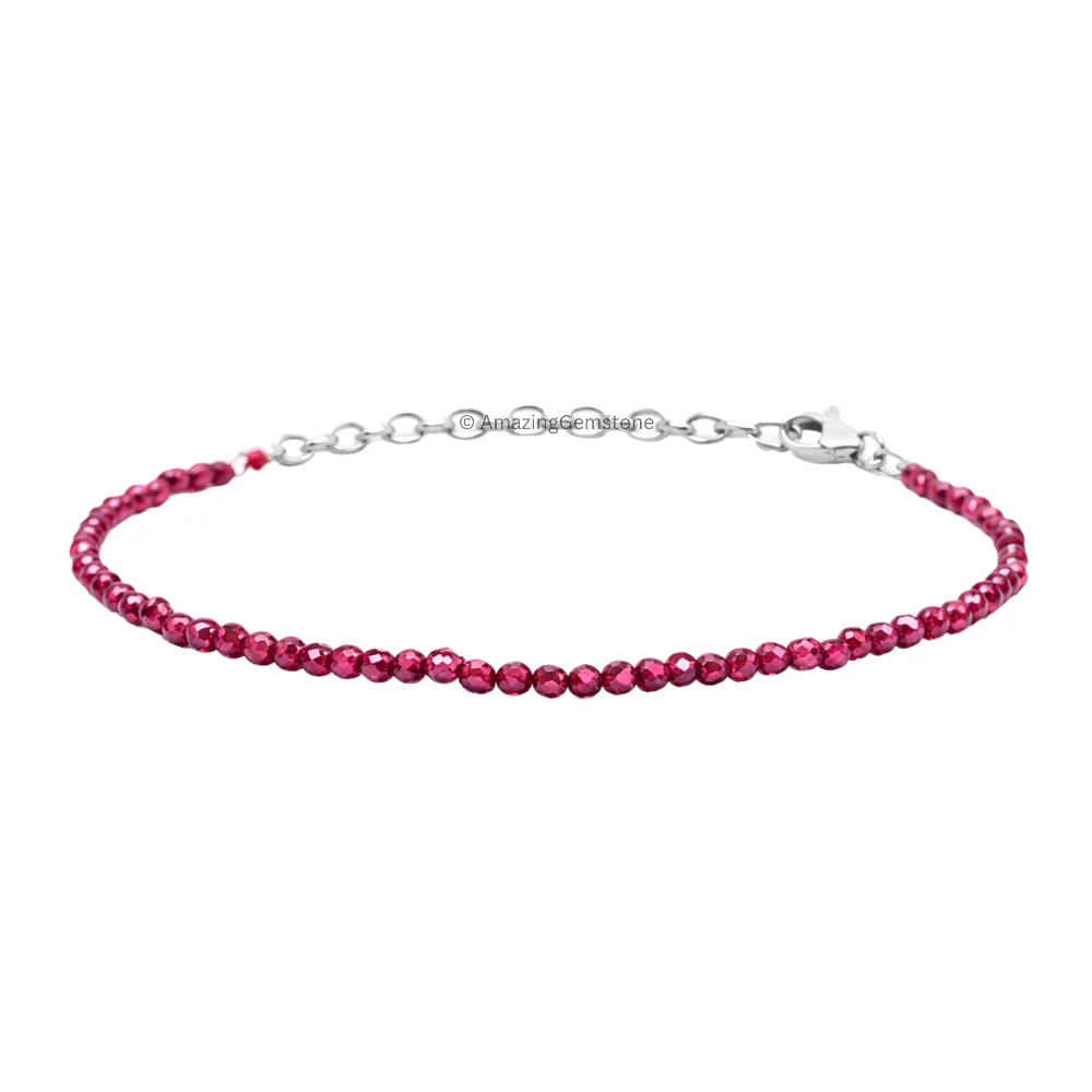 Pink Garnet Crystal Bracelet - 2mm Faceted Bead (Silver)