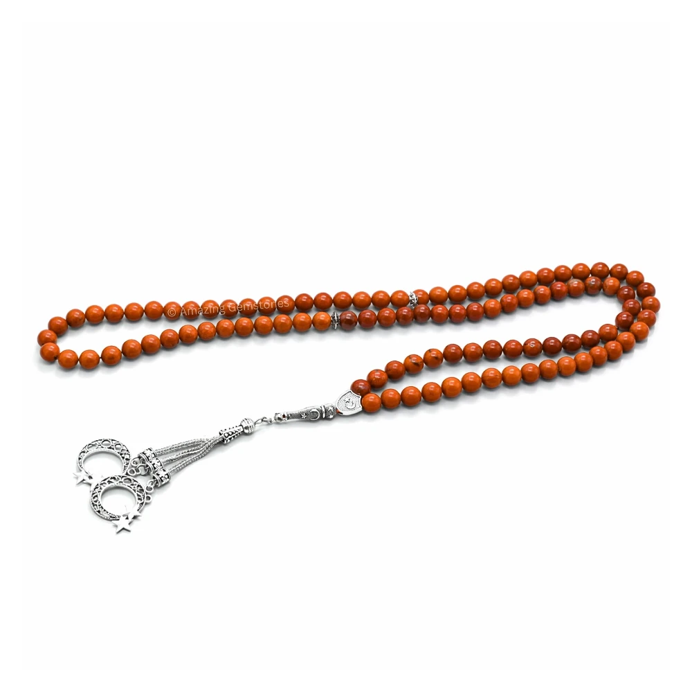 Red Jasper Crystal Tasbeeh Sibha Prayer Beads (Silver)