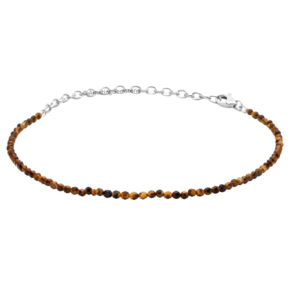 Tiger Eye Crystal Bracelet - 2mm Faceted Bead (Silver)