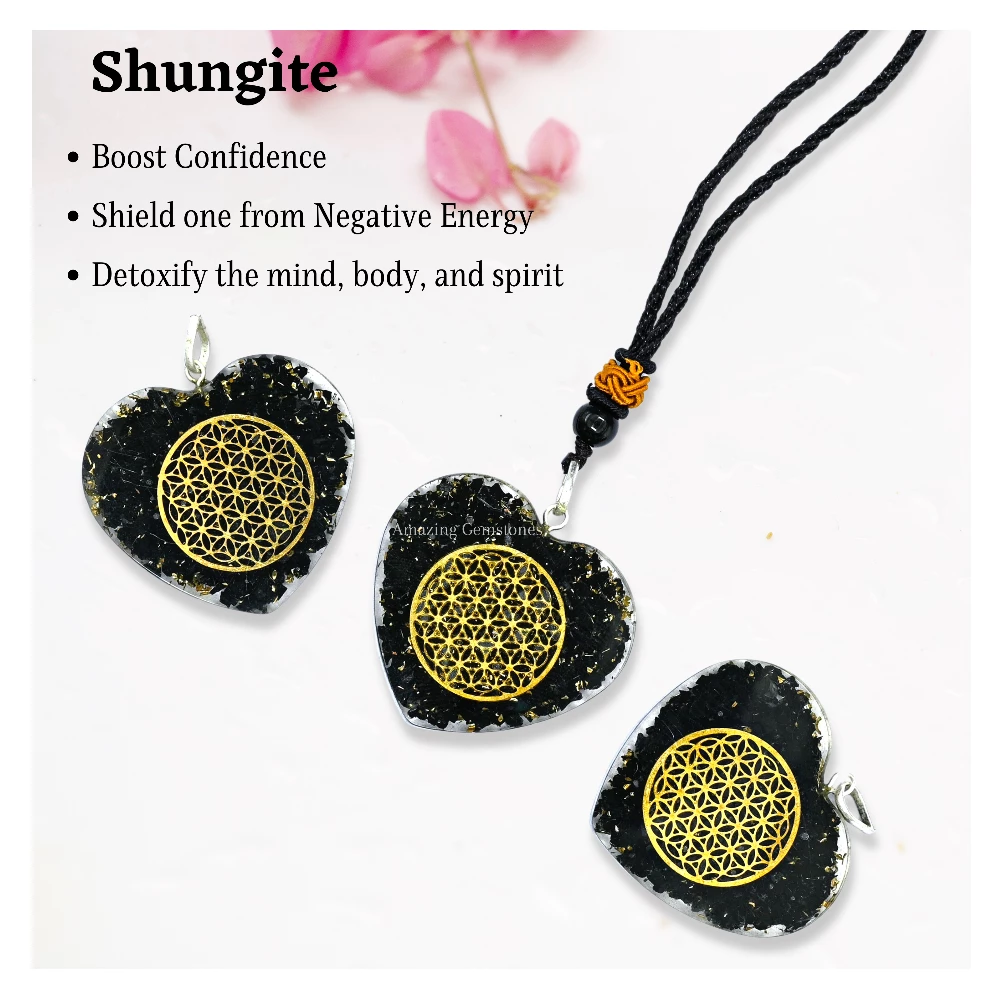 Shungite Necklace - Flower of Life (Heart)