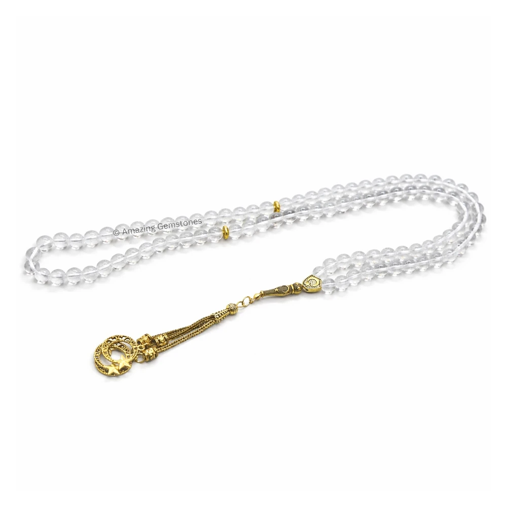 Clear Quartz Crystal Tasbeeh Sibha Prayer Beads (Gold)