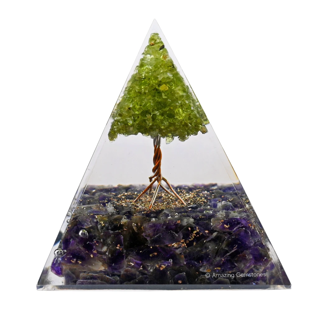 Amethyst with Peridot Tree Orgone Pyramid - 70mm