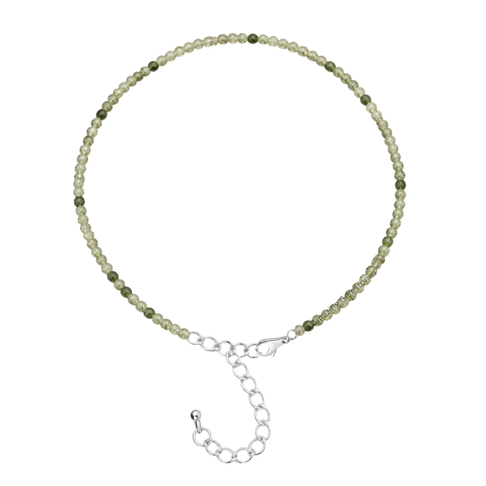 Green Rutilated Quartz Crystal Anklet - 2mm Faceted Bead (Silver)