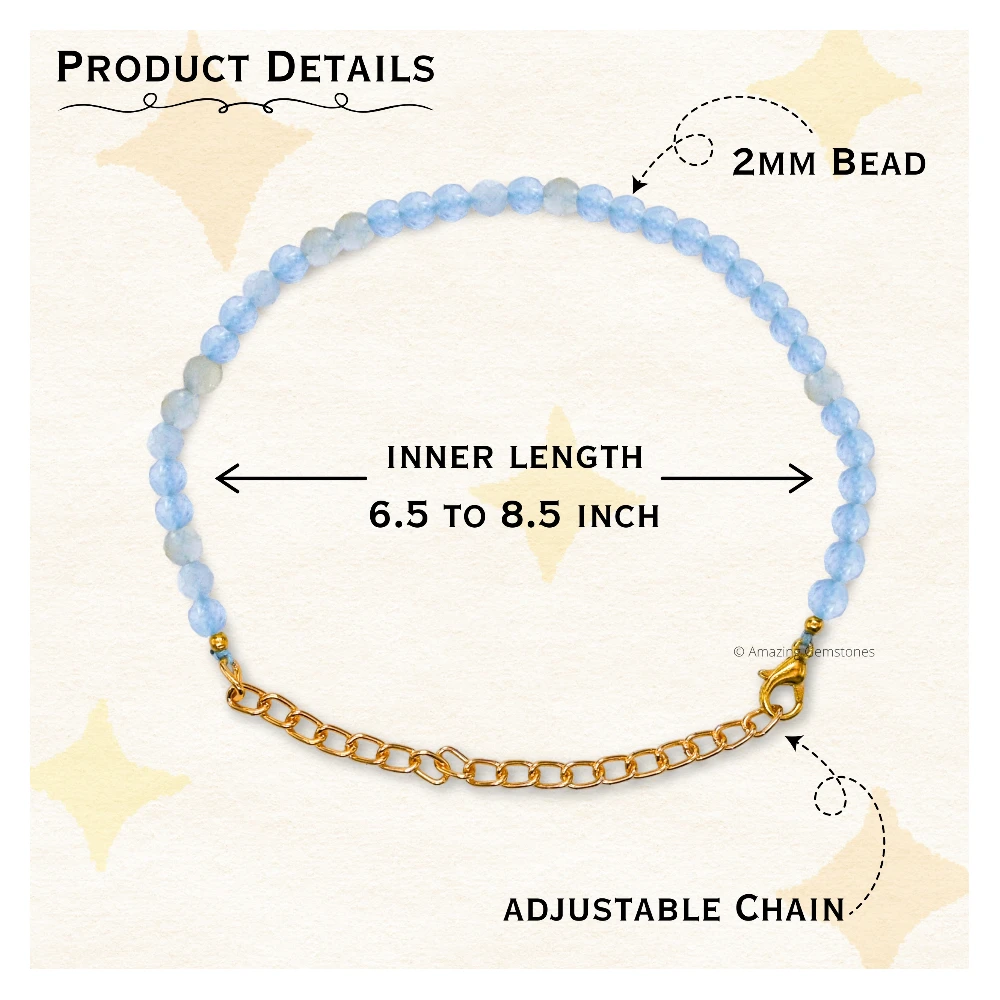 Aquamarine Crystal Bracelet - 2mm Faceted Bead (Gold)