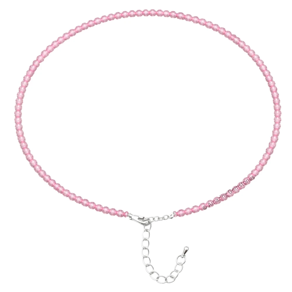 Pink Strawberry Crystal Anklet - 2mm Faceted Bead (Silver)