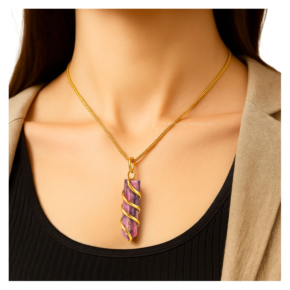 Rhodonite Necklace - Spiral Pencil Point (Gold)