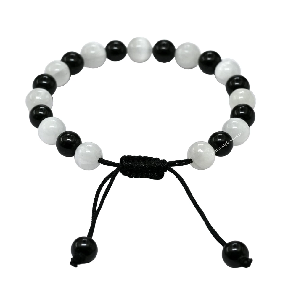 Black Tourmaline Selenite Bracelet 1 by 1 (Adjustable)
