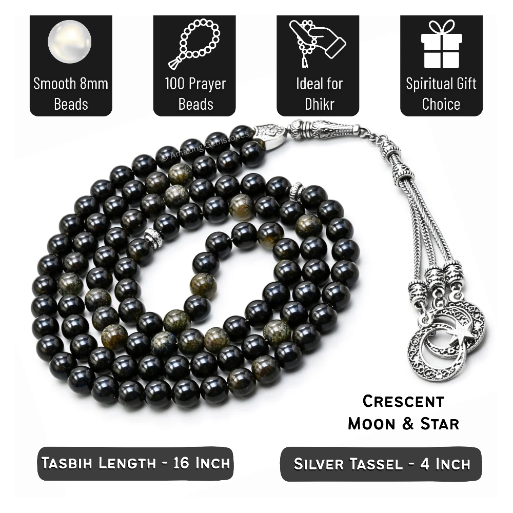 Gold Sheen Obsidian Crystal Tasbeeh Sibha Prayer Beads (Silver)