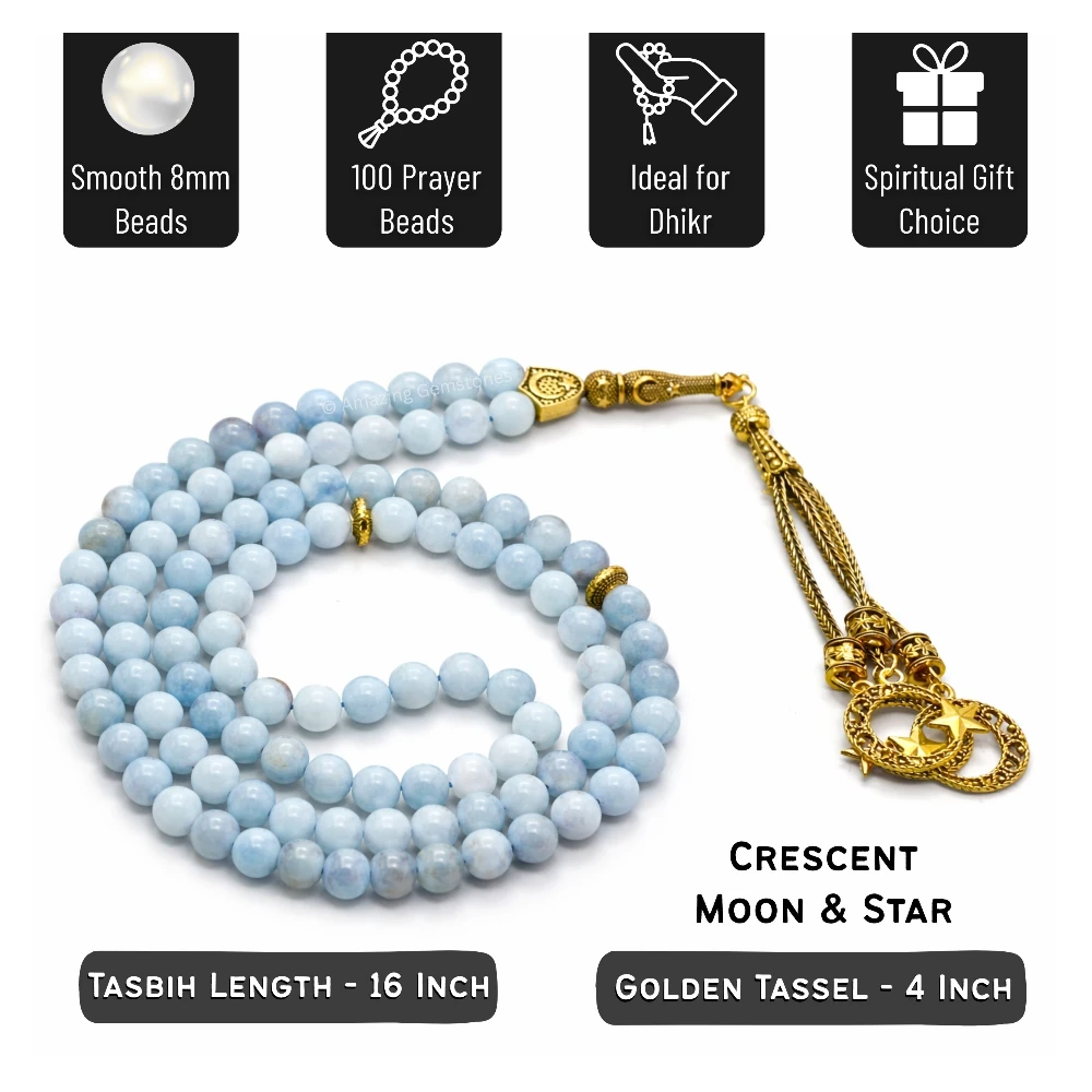 Aquamarine Crystal Tasbeeh Sibha Prayer Beads (Gold)