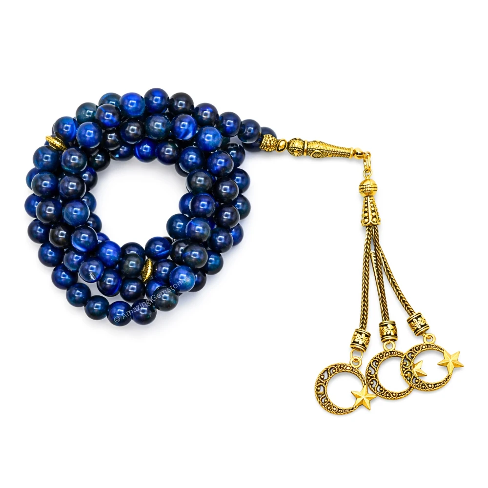 Blue Tiger Eye Crystal Tasbeeh Sibha Prayer Beads (Gold)