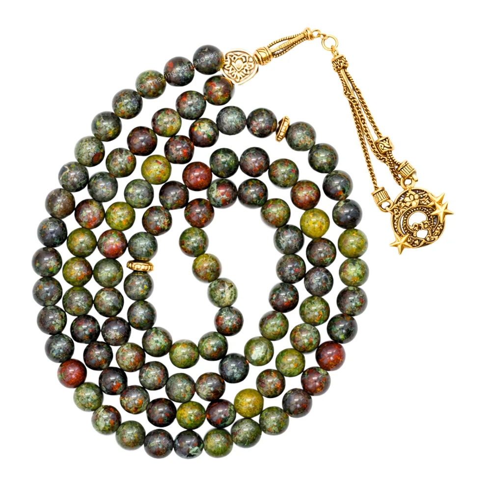 Dragon Bloodstone Crystal Tasbeeh Sibha Prayer Beads (Gold)