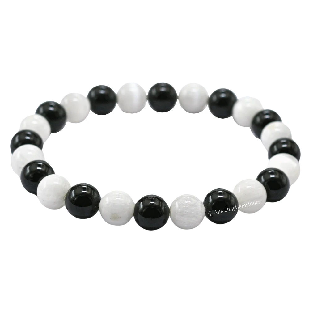 Black Tourmaline Selenite Bracelet 1 by 1(Strechable)