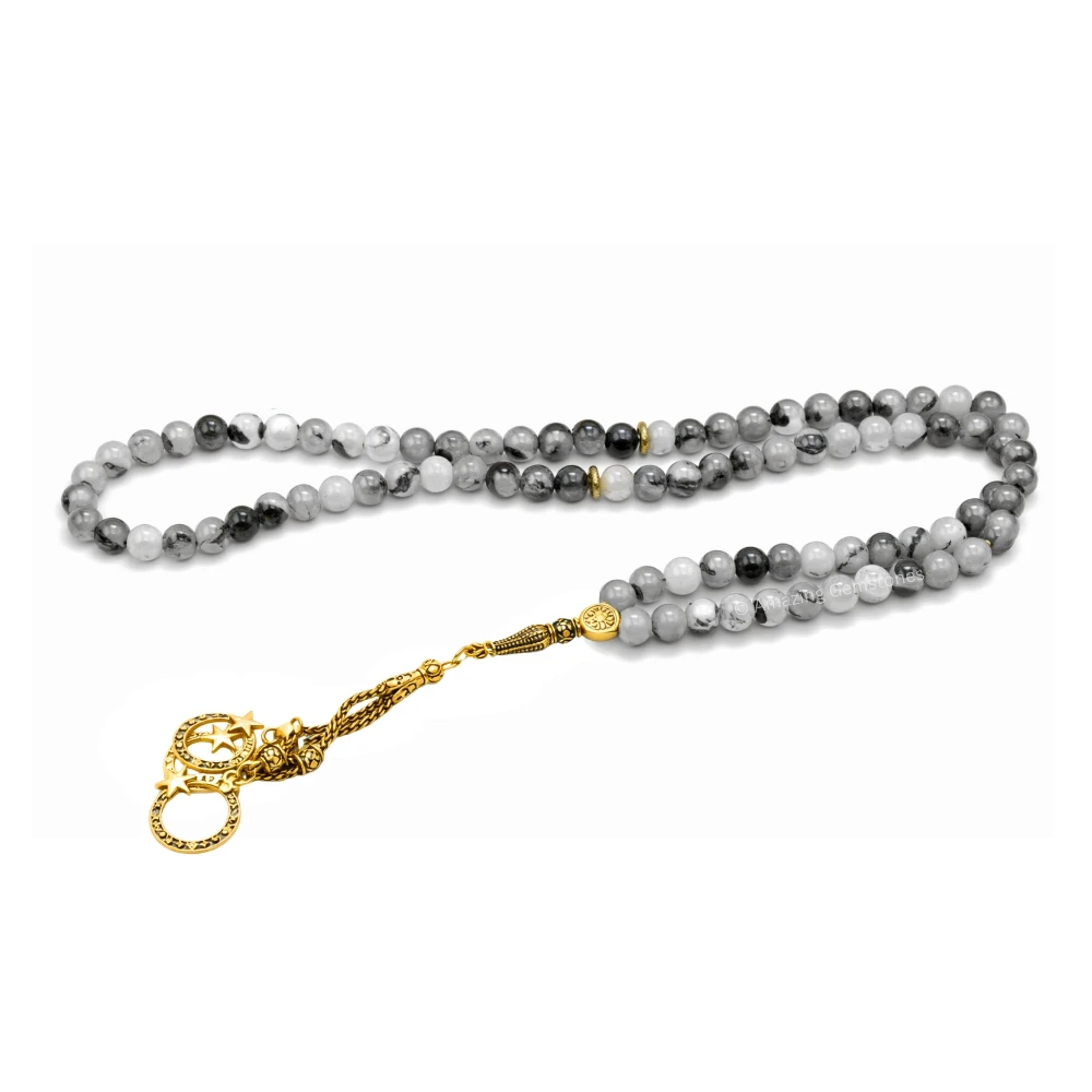 Black Rutilated Quartz Crystal Tasbeeh Sibha Prayer Beads (Gold)