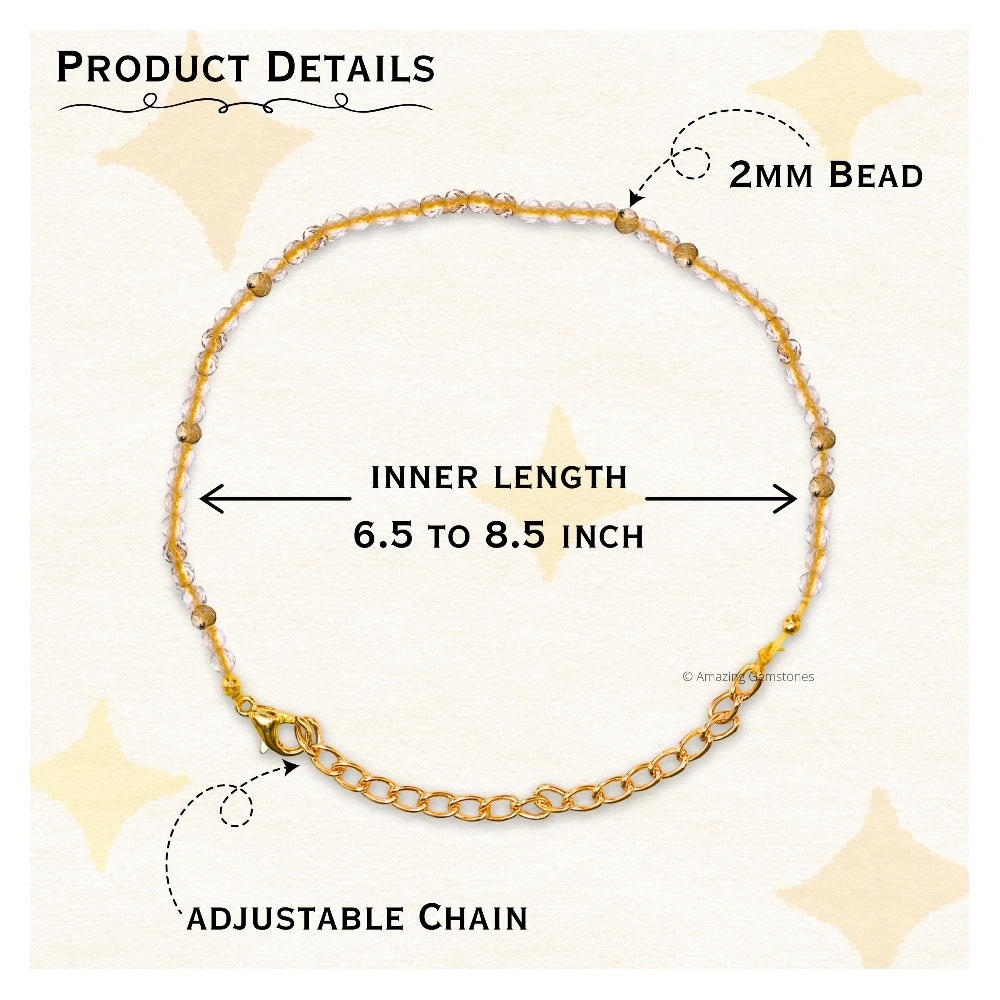 Golden Rutilated Quartz Crystal Bracelet - 2mm Faceted Bead (Gold)