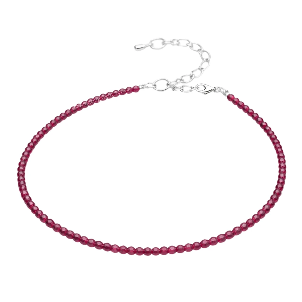 Pink Garnet Crystal Anklet - 2mm Faceted Bead (Silver)