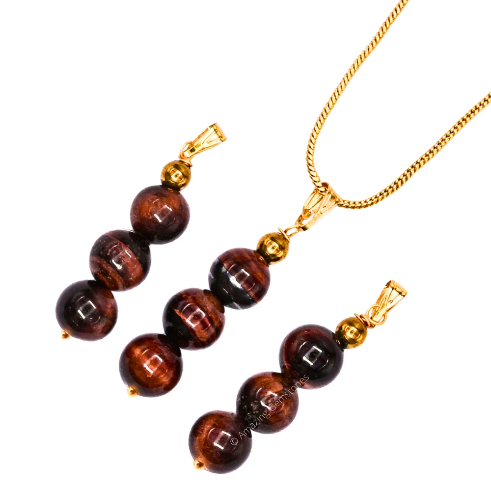 Red Tiger Eye Bead Pendant (Gold)