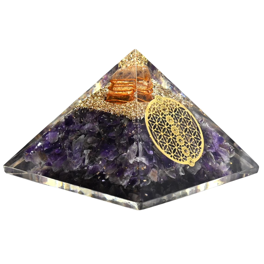 Amethyst Orgone Pyramid - Chakra Flower of Life