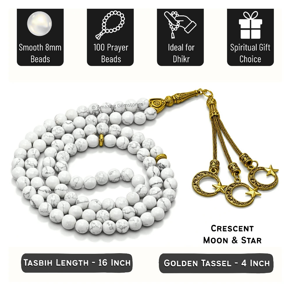 Howlite Crystal Tasbeeh Sibha Prayer Beads (Gold)