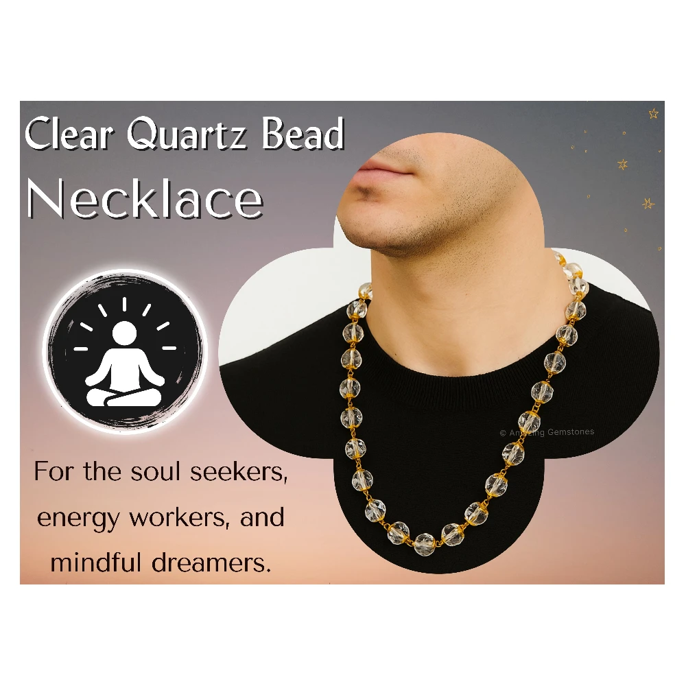 Crystal Quartz Sphatik Mala Necklace (Gold Chain - Faceted)