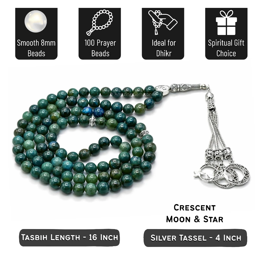 Moss Agate Crystal Tasbeeh Sibha Prayer Beads (Silver)