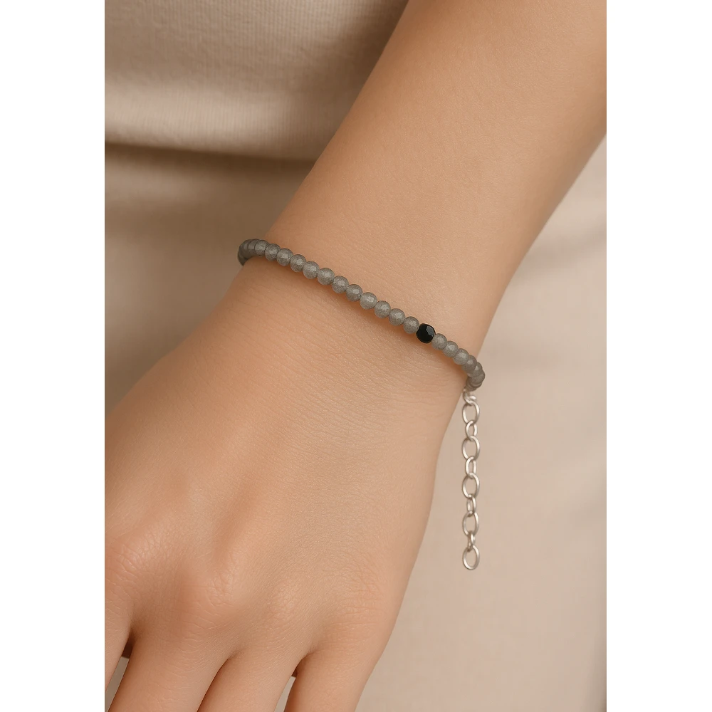 Black Rutilated Quartz Crystal Bracelet - 2mm Faceted Bead (Silver)