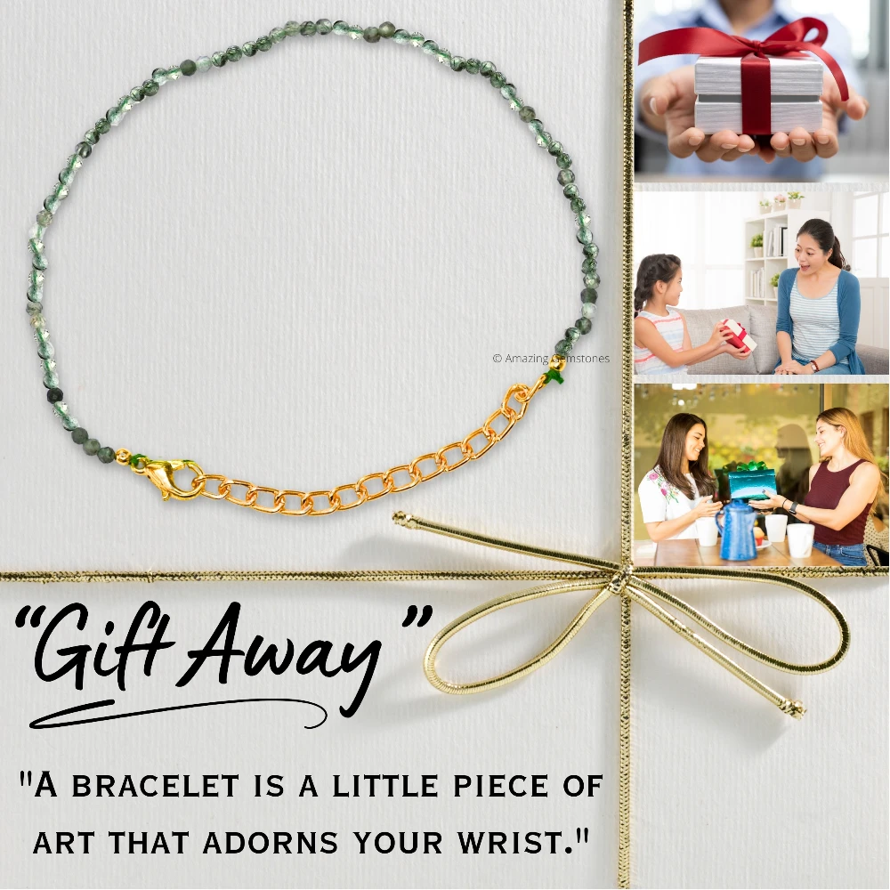 Green Rutilated Quartz Crystal Bracelet - 2mm Faceted Bead (Gold)