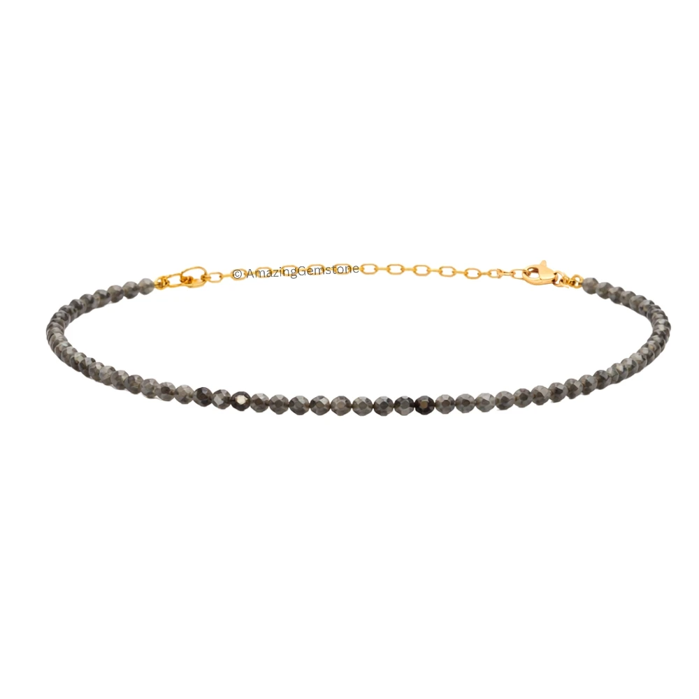 Grey Cats Eye Crystal Bracelet - 2mm Faceted Bead (Gold)