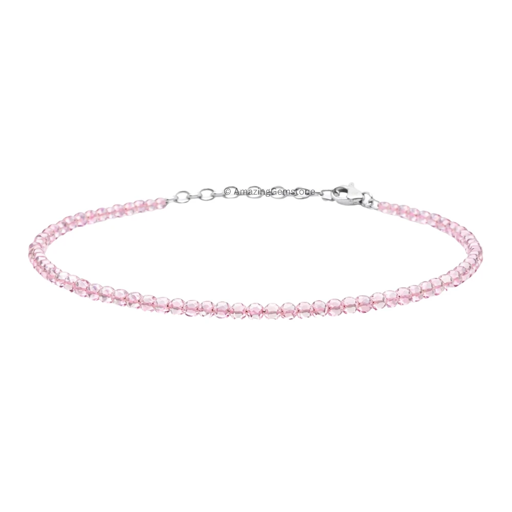 Rose Quartz Crystal Bracelet - 2mm Faceted Bead (Silver)