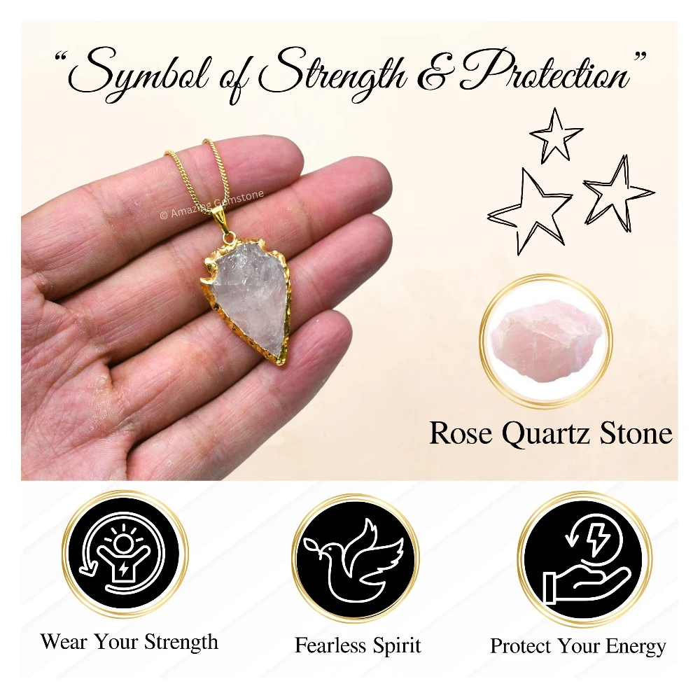 Rose Quartz Arrowhead Pendant - Gold Plated