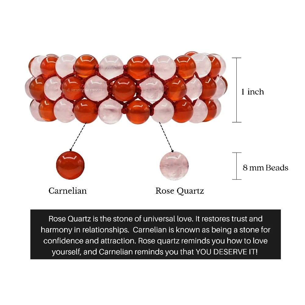 Carnelian Rose Quartz Bracelet - Triple Layer