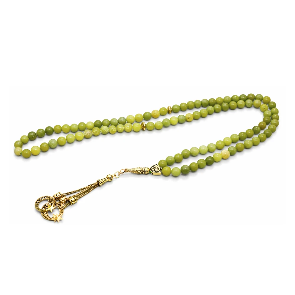 Green Jade Crystal Tasbeeh Sibha Prayer Beads (Gold)