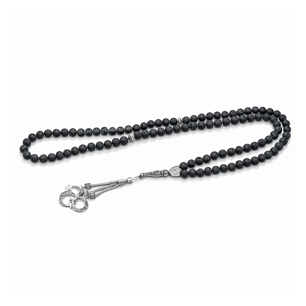 Lava Stone Crystal Tasbeeh Sibha Prayer Beads (Silver)